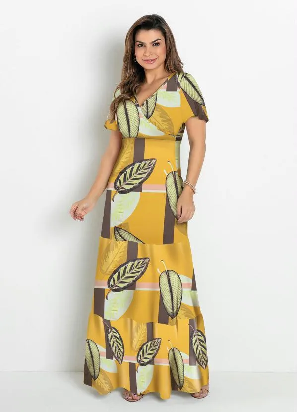 Vestido Camadas Folhas Amarelo Rosalie