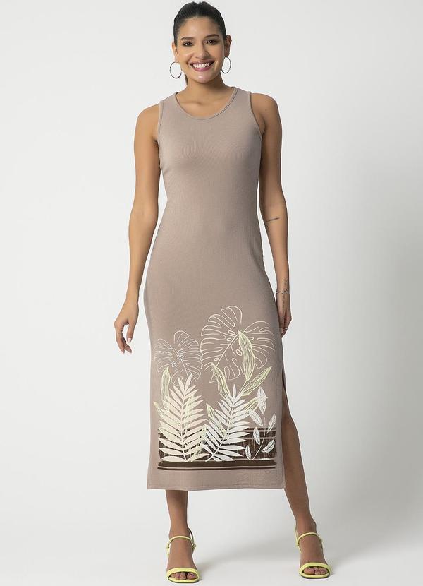 Habana - Vestido Canelado com Fenda Bege