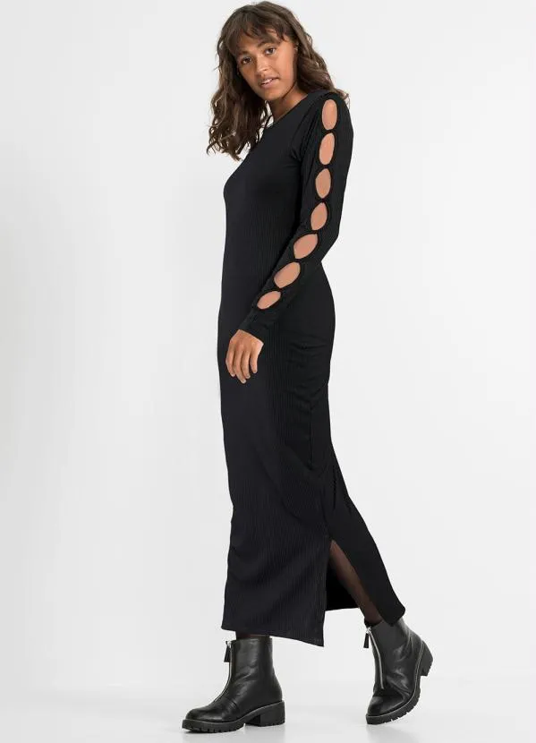 bonprix - Vestido Canelado Preto