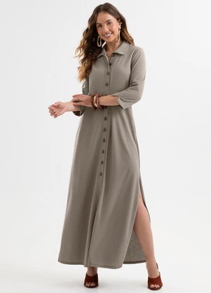 Cativa - Vestido Chemise Longo em Piquet com Elastano Cinz - CATIVA
