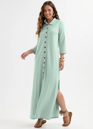 Cativa - Vestido Chemise Longo em Piquet com Elastano Verd - CATIVA