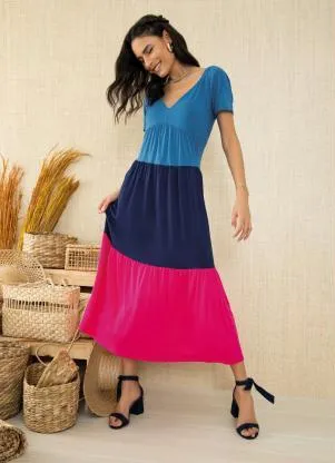 Quintess - Vestido Color Block com Camadas - QUINTESS