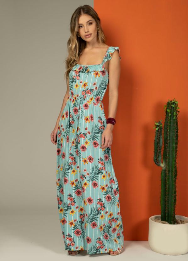 Quintess - Vestido com Babado no Decote Floral Verde