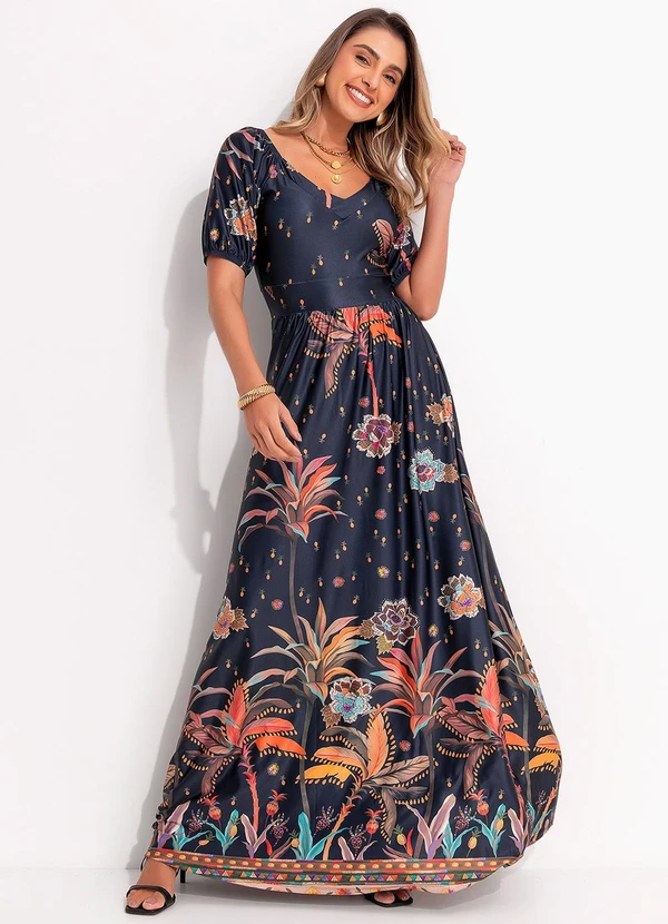 Quintess - Vestido com Estampa Localizada Barrado Étnico