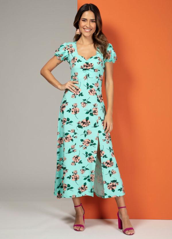Quintess - Vestido com Fenda Frontal Floral Verde