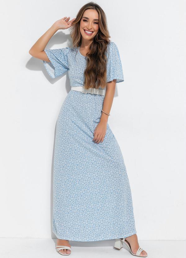 Outlet - Vestido com Franzido Floral Azul Moda Evangélica 2