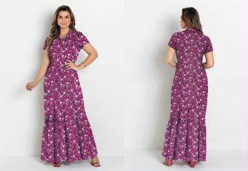 Vestido com Gola Floral Fcsia