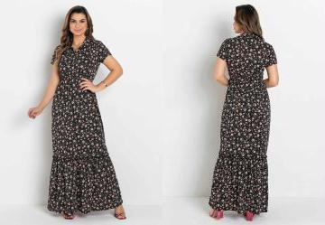 Vestido com Gola Floral Preto