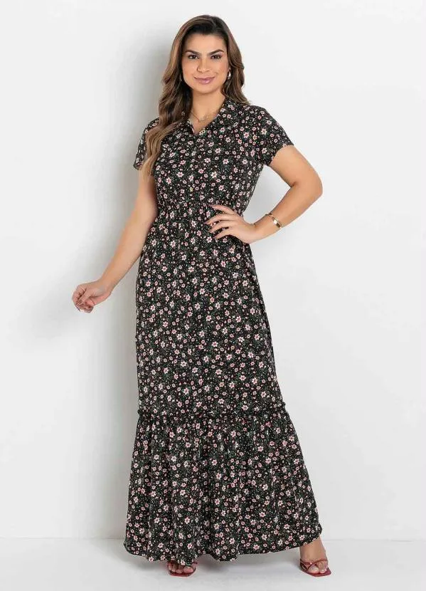Rosalie - Vestido com Gola Floral Preto