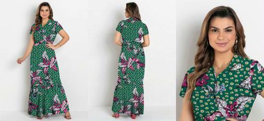 Vestido com Gola Floral Verde