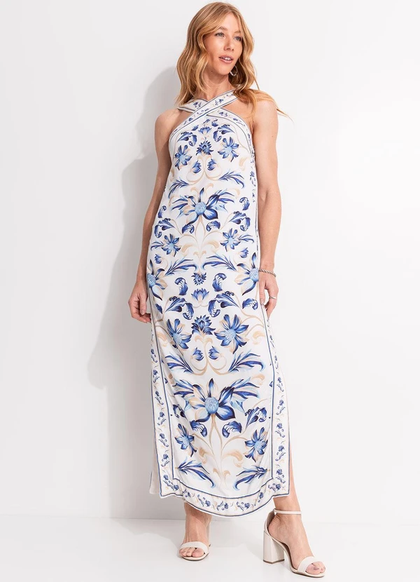 Farm - Vestido Cropped Azulejaria Branco