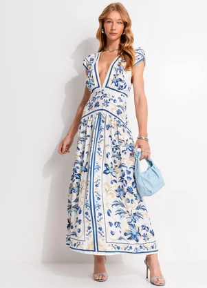 Farm - Vestido Cropped Azulejaria Branco - FARM