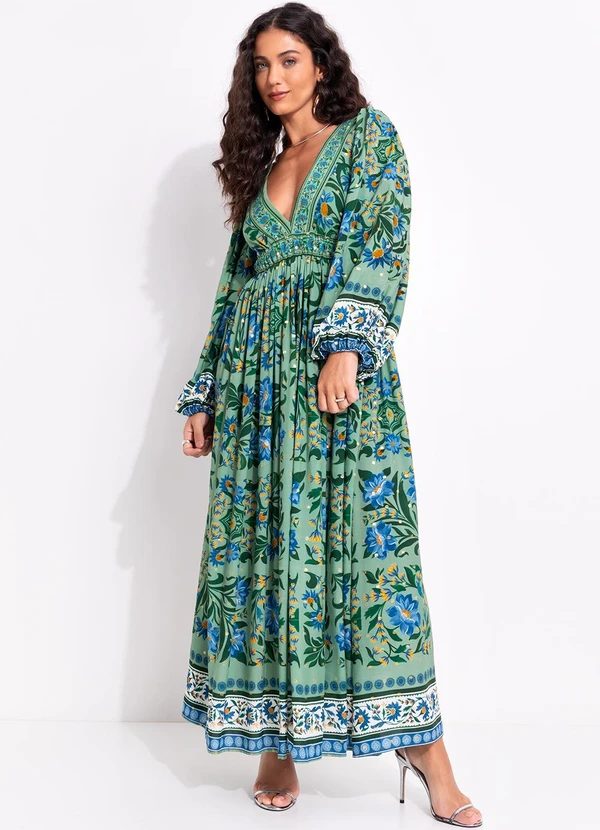 Farm - Vestido Cropped Azulejo Florido Verde 3