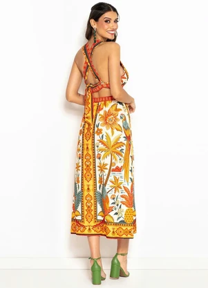 Farm - Vestido Cropped de Linho Samba das Araras Amarelo - FARM