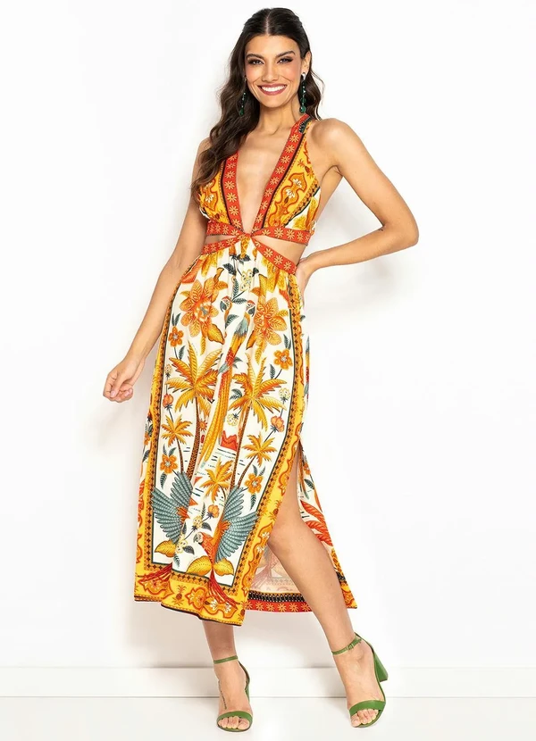 Farm - Vestido Cropped de Linho Samba das Araras Amarelo