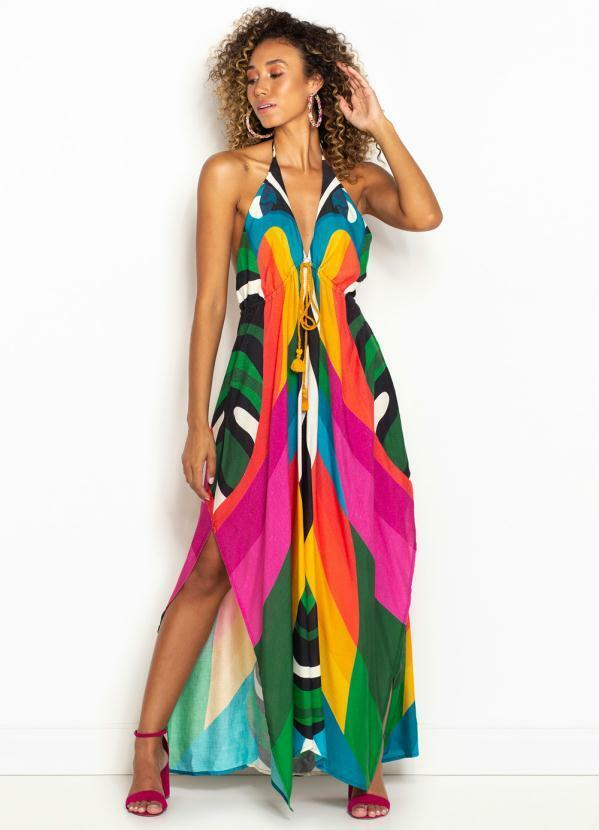 Farm - Vestido Cropped de Viscose Listra Arara Estampado