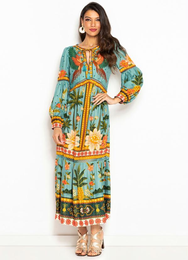 Farm - Vestido Cropped de Viscose Samba das Araras Azul