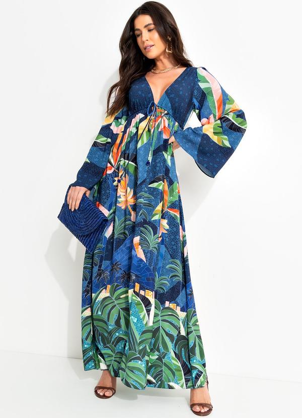 Farm - Vestido Cropped em Viscose Rio de Mosaico Azul