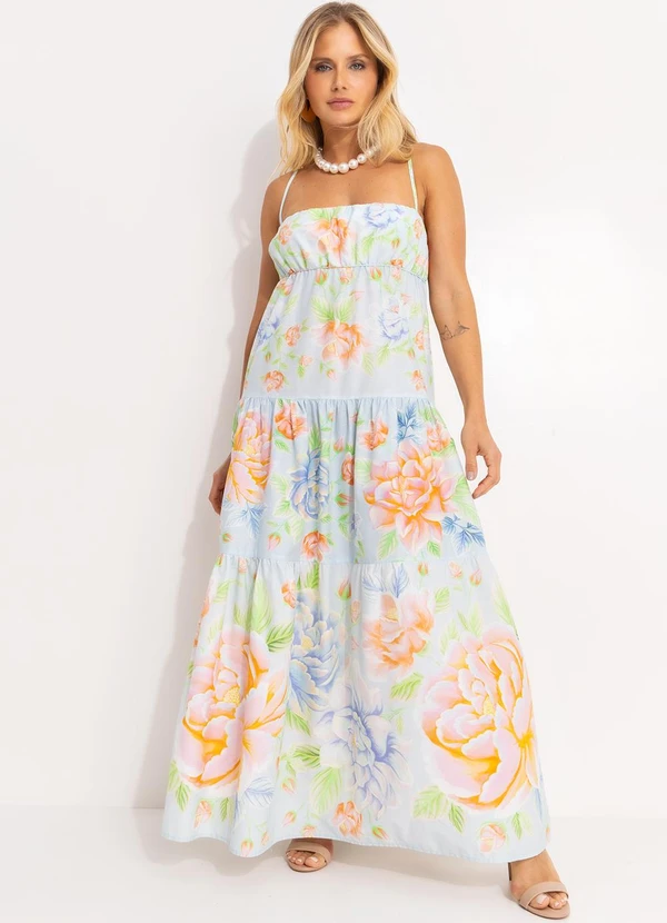 Farm - Vestido Cropped Floral Sofia Barrado Azul