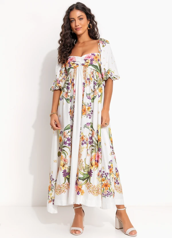 Farm - Vestido Cropped Lenço Pássaro em Flor Off White