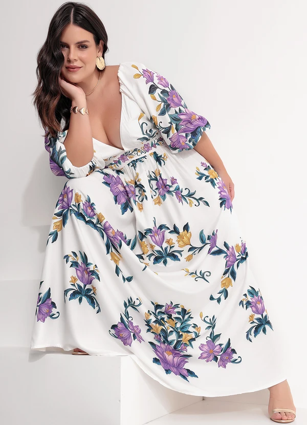 Farm - Vestido Cropped Manga Floral Sicilia Off White