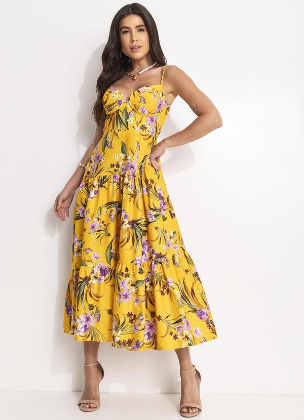 Farm - Vestido Cropped Pássaro em Flor Amarelo