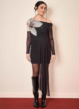 Doce Trama - Vestido Curto Wild Orchid em Tule Preto - DOCE TRAMA