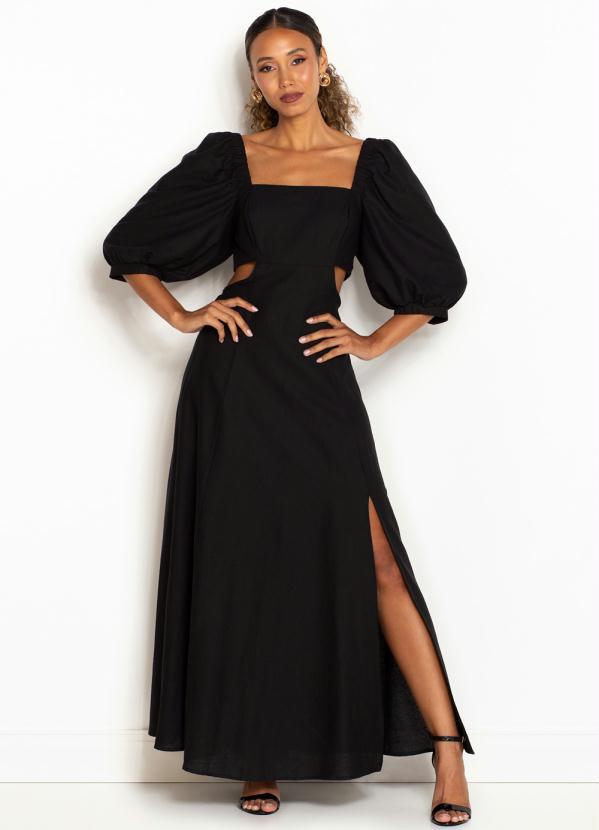 Farm Vestido de Linho Godê Fenda com Manga Preto