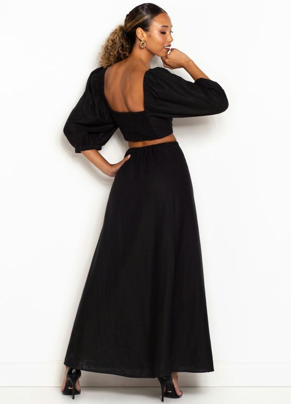 Farm - Vestido de Linho Godê Fenda com Manga Preto 2