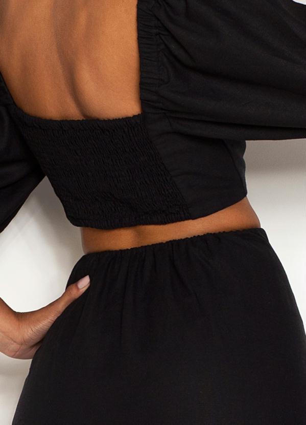 Farm - Vestido de Linho Godê Fenda com Manga Preto 4