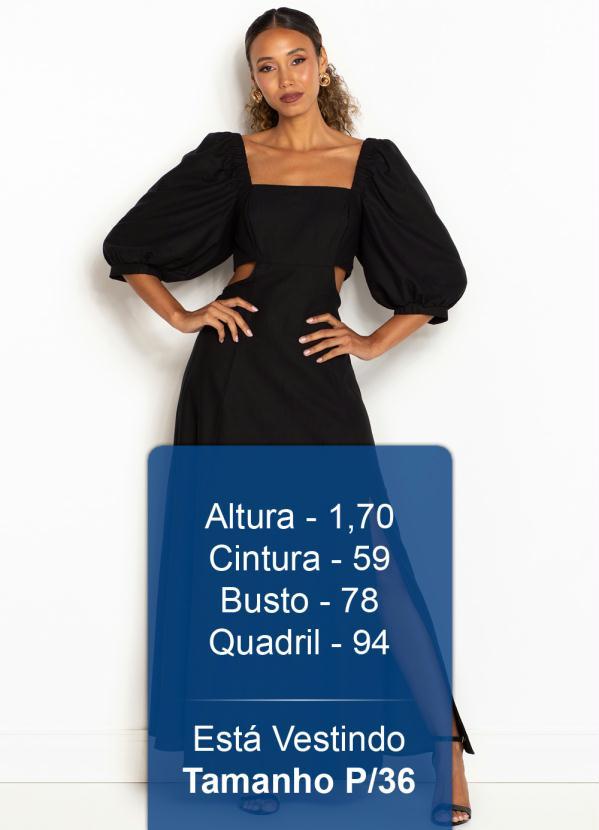 Farm - Vestido de Linho Godê Fenda com Manga Preto 5