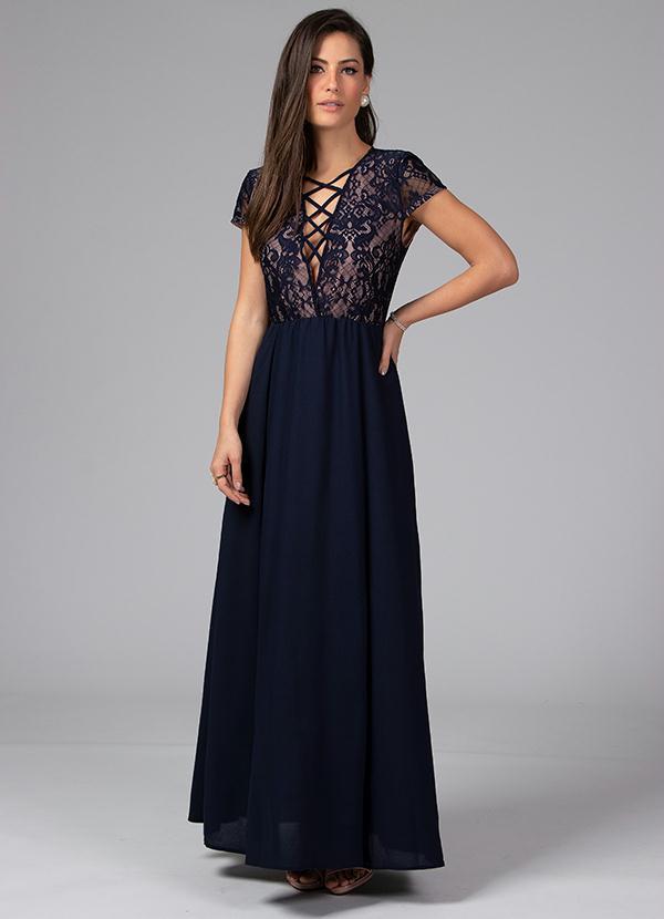 Quintess - Vestido de Renda com Decote Costas Marinho 3