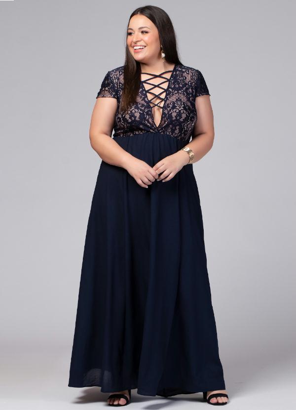 Quintess - Vestido de Renda com Decote Costas Marinho 4