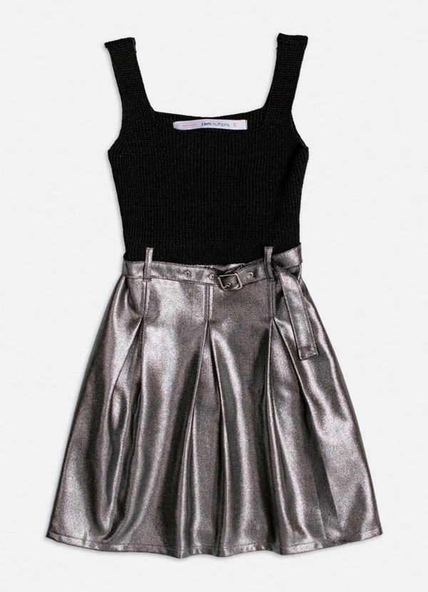 Authoria - Vestido de Tricot com Saia Metalizada Preto