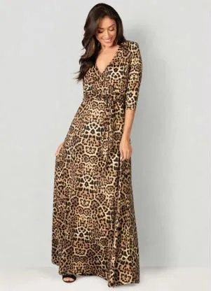 bonprix - Vestido Decote Transpassado Animal Print Marrom - BONPRIX