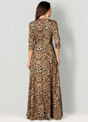 bonprix - Vestido Decote Transpassado Animal Print Marrom - BONPRIX
