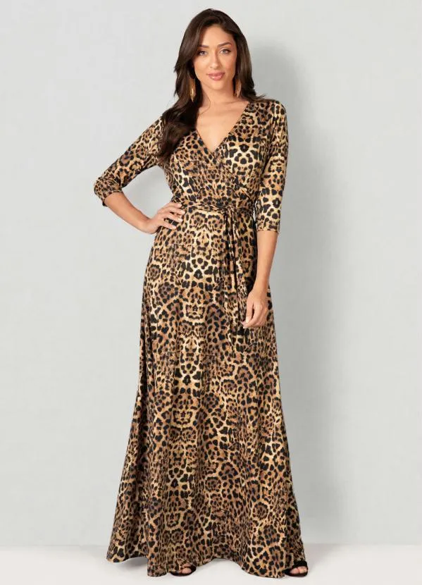 bonprix - Vestido Decote Transpassado Animal Print Marrom 3