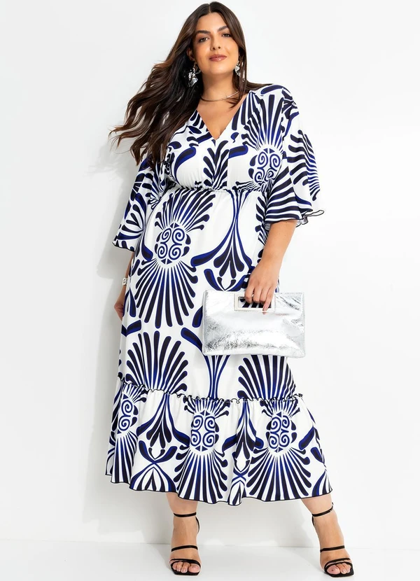 Marguerite - Vestido Étnico Azul em Malha Fria