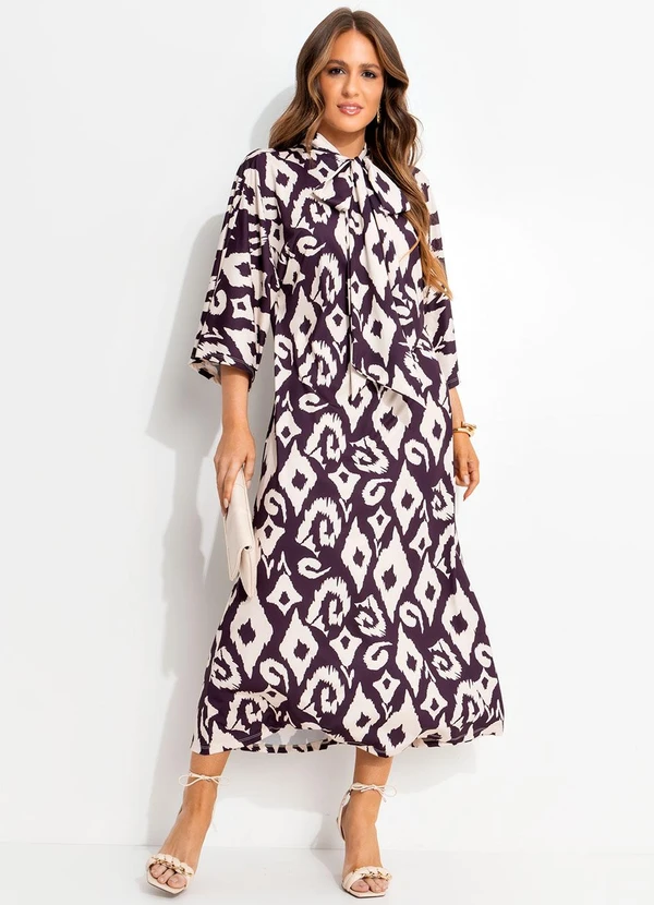 Quintess - Vestido Étnico Bicolor em Malha Fria