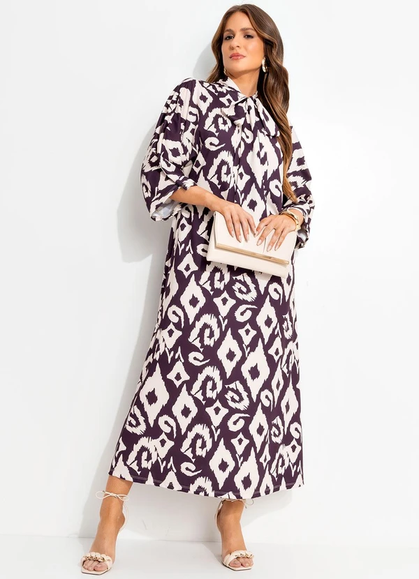 Quintess - Vestido Midi Estampado em Malha Fria com Gola Laço e Manga 3/4 2