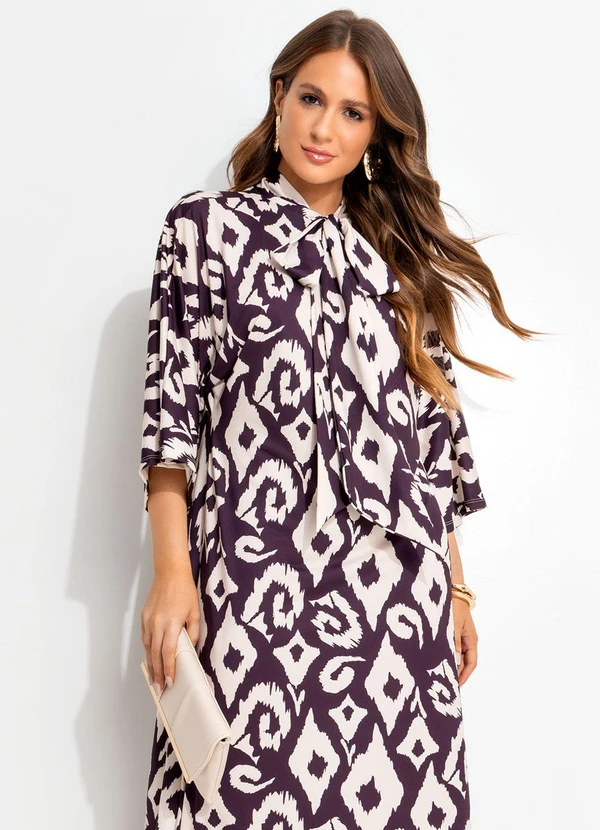 Quintess - Vestido Étnico Bicolor em Malha Fria