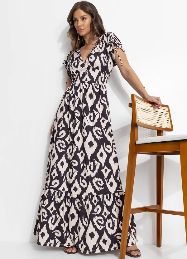 Quintess - Vestido Étnico Bicolor em Malha Fria