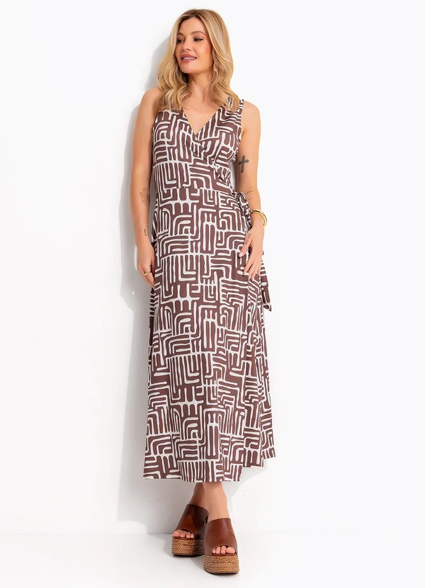Quintess - Vestido Midi Transpassado Estampa Geométrica Marrom em Malha Fria