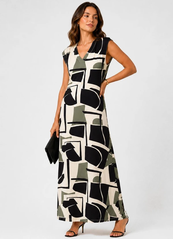 Infinita Cor - Vestido Feminino com Decote em V Bege