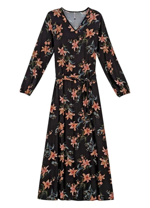 Marialícia - Vestido Feminino Longo Acinturado Preto - MARIALÍCIA