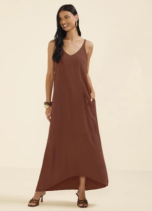 Marialícia - Vestido Feminino Longo com Bolsos Marrom - MARIALÍCIA