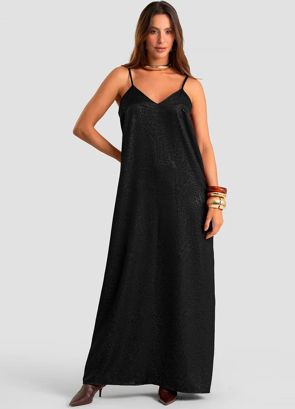 Dianna - Vestido Feminino Longo Jacquard Acetinado Preto