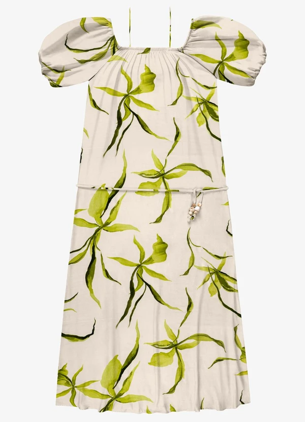 Endless - Vestido Feminino Longo Manga Bufante Bege