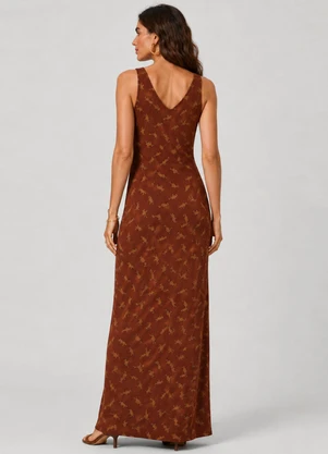 Infinita Cor - Vestido Feminino Longo Viscotorcion Marrom - INFINITA COR