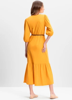 Essendi - Vestido Feminino Midi em Malha Comfort Amarelo - ESSENDI